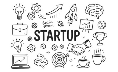 Hand drawn elements for startup concept with doodle icons and business themes