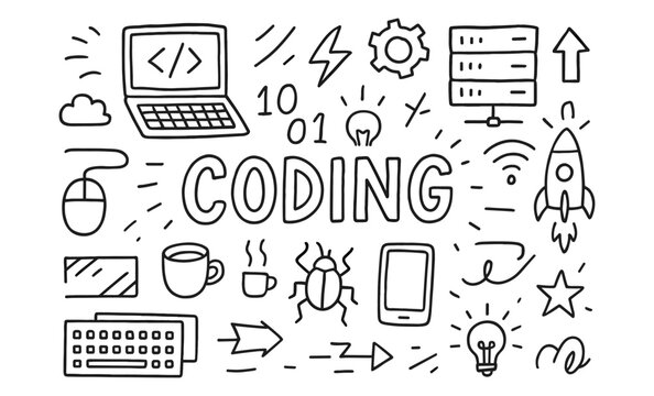 Hand drawn technology and coding icons with doodles and symbols for web design