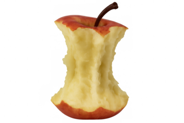 Eaten red apple core with stem on transparent background, representing healthy eating and food waste reduction