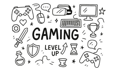 Hand-drawn gaming doodles: game controllers, trophy, mouse, and keyboard icons