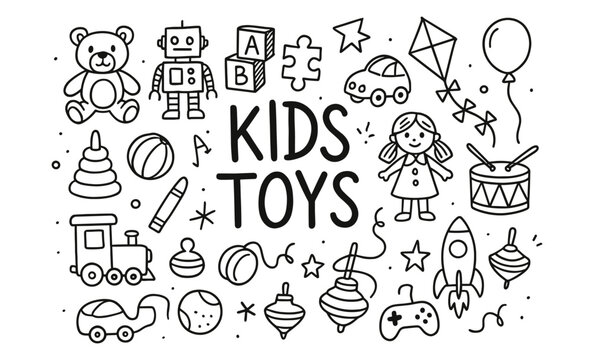 Hand-drawn children's toys collection: playful outlined icons featuring classic and modern favorites