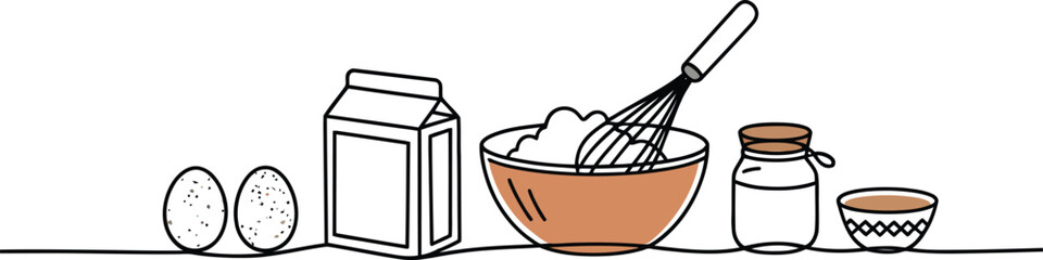 Minimal Line Art of Kitchen Preparation with Subtle Color Highlights