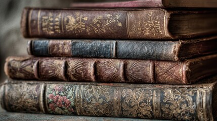 Stack of antique leather-bound books with ornate covers