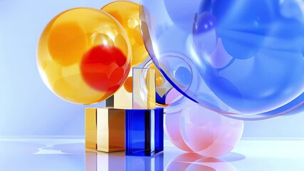 Geometric glass shapes in metallic gold, deep blue, and vibrant orange rotating and overlapping on soft azure background, forming dynamic abstract composition - Powered by Adobe