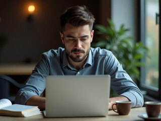 Jeune professionnel concentré travaillant sur ordinateur dans un espace moderne
