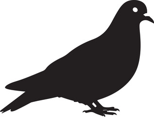 Obraz premium Silhouette of a pigeon standing sideways against a white background, Sleek black pigeon silhouette with a bright white eye on a simple backdrop