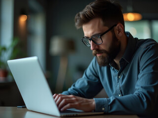 Homme concentré travaillant sur ordinateur dans un bureau moderne
