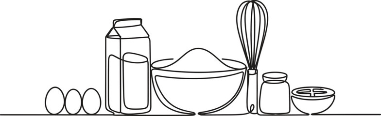 One Line Drawing of Baking Ingredients Including Eggs, Flour, Whisk, and Bowls in Minimalist Style