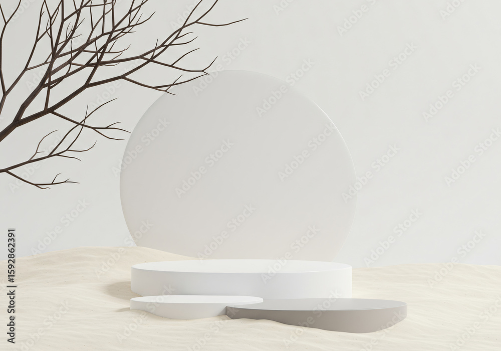 Poster minimal mockup background for product presentation. podium and dry tree twigs branch with white sand