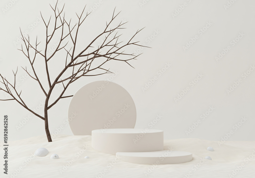 Fototapete minimal mockup background for product presentation. podium and dry tree twigs branch with white sand