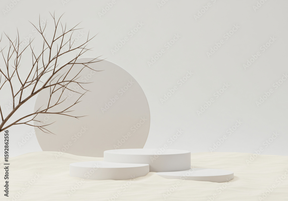 Poster minimal mockup background for product presentation. podium and dry tree twigs branch with white sand
