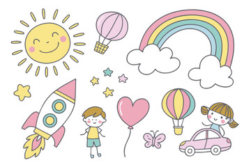 A whimsical vector cartoon illustration featuring a set of funny animal characters and kids with balloons, flowers, and hearts, perfect for a joyful birthday celebration card design