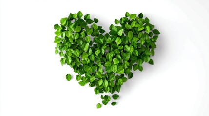 Fototapeta premium Heart-shaped green leaf arrangement on white background