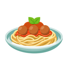 Delicious spaghetti with meatballs, tomato sauce, and basil leaves in a ceramic dish, ready to be eaten. A culinary delight