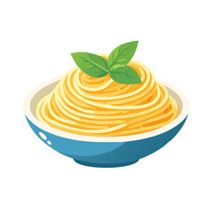 A plate of spaghetti with basil on top, ready to eat. It is presented in a blue bowl.