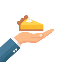 A person's hand gently presenting a slice of pumpkin pie, a delightful treat