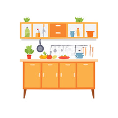 A minimalist kitchen scene, complete with kitchen tools and food ingredients. This illustration depicts a modern kitchen setting with essential elements.