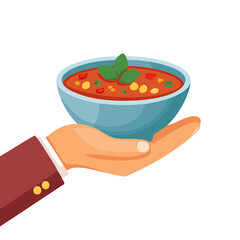 A hand holding a bowl of delicious, vibrant chili, garnished with fresh herbs