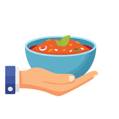 A hand presenting a bowl of fresh, appetizing chili, the soup looks tasty and ready to eat