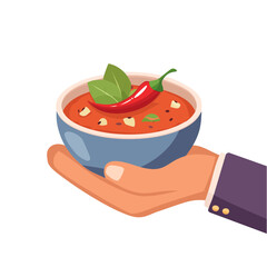A hand holding a bowl of chili with a red chili pepper on top, a delicious culinary art 