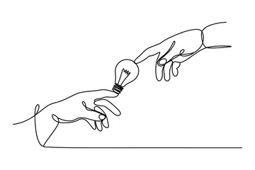 Hands Passing Light Bulb – One Line Drawing Representing Idea Sharing

