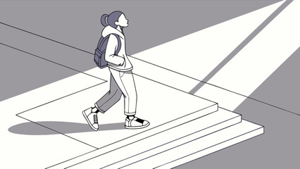 Illustration of a student walking on stairs with backpack in monochrome light and shadow style art design