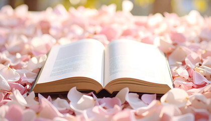 Open Book Resting on Pink Rose Petals in Soft Sunlight