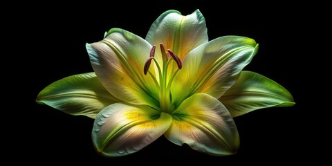 Fototapeta premium LA Hybrid Lily Courier Flower Macro Photography, White Lime Bloom, Dark Background, Urban Exploration Aesthetic