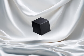 Ai generated image of a black cube floats on draped white fabric