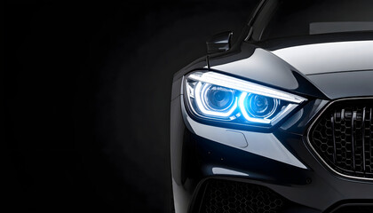 Close-up of a Sleek Black Car Headlight with Bright Blue Accents