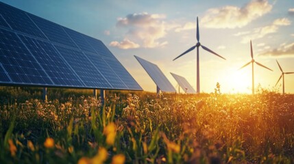 The image showcases the sun setting over a solar farm with photovoltaic panels and several wind turbines in the background, highlighting renewable energy sources.