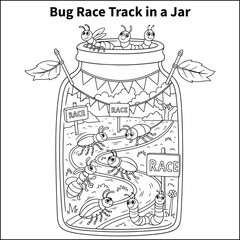 A playful race scene with ants and beetles zooming along a twisty path inside a jar. Add bug signs, leaf banners, and cheering spectators like caterpillars and worms.