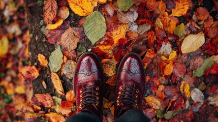 Close-up of red brogue shoes on colorful autumn leaves pathway