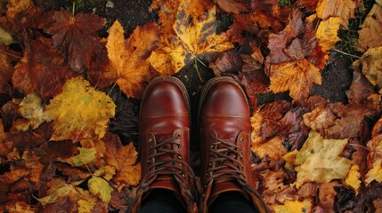 Brown boots on autumn leaves pathway: colorful fall scene