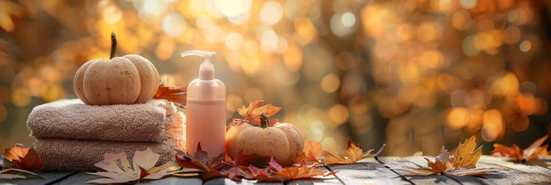 An autumn still life featuring a pumpkin, fallen leaves and a skincare product mockup arranged on a wooden surface with ample copy space. The warm seasonal elements create a perfect backdrop for