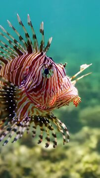 Detailed shot of a lionfish swimming underwater, marine life concept, ocean ecosystem for nature documentaries footage.