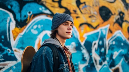 Teen male standing with skateboard in front of vibrant graffiti wall