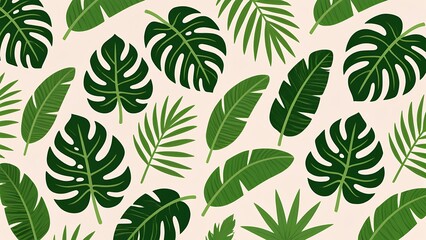 Fototapeta premium Tropical leaf pattern with monstera and banana on green backdrop