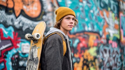 Young caucasian male skateboarder in urban graffiti alley