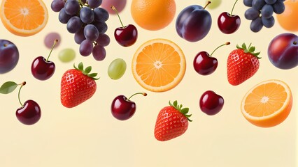 Naklejka premium Assorted fruits floating freely against soft light pastel background