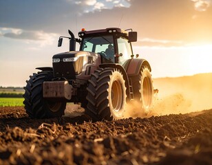 Obraz premium Tractor plowing field at sunset
