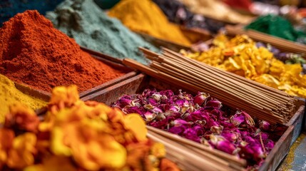 Fototapeta premium Colorful spices and flowers display at a vibrant market stall