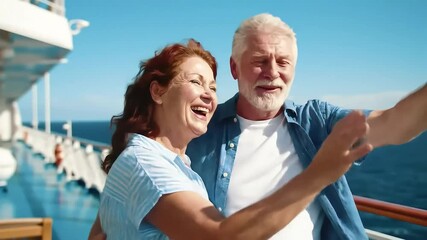 Happy couple taking selfie, cruise ship deck, ocean view - Powered by Adobe