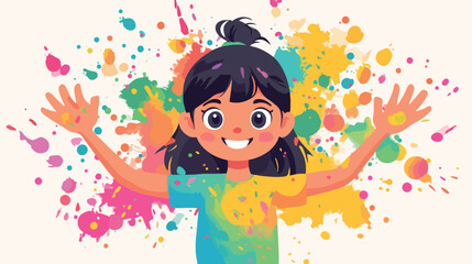 Cheerful Young Girl Playing Holi Cartoon