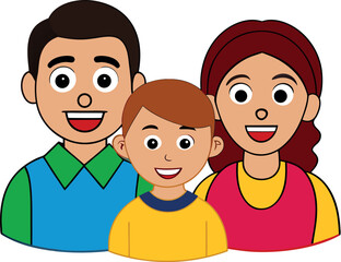 Vector art of a happy cartoon family with two parents and one child are smiling and posing together, isolated on white background