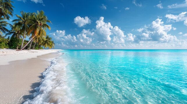 Tranquil tropical beach with palm trees and clear blue waters under a cloudy sky - Powered by Adobe