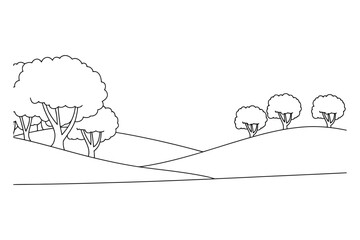 Continuous one line drawing of a peaceful natural landscape featuring rolling hills and trees, symbolizing nature, calmness, and serenity.