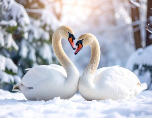 Fototapeta premium Two swans in a snowy forest, forming a heart shape with their necks