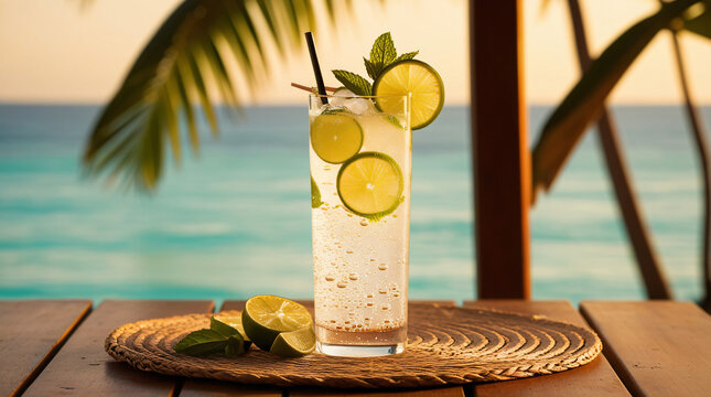 Nam Manao (Thai Lime Soda)
A refreshing glass of sparkling lime soda with floating lime slices and mint, photographed in golden evening light with sea or greenery in the background.