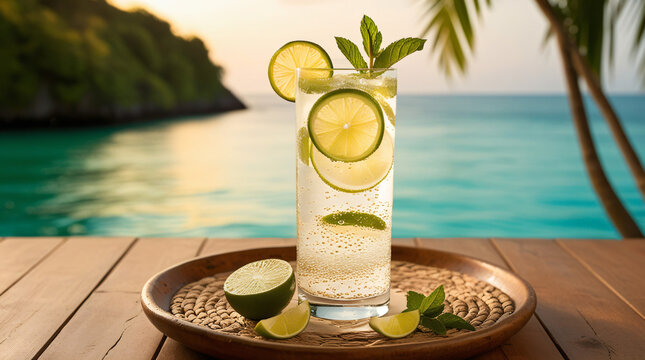 Nam Manao (Thai Lime Soda)
A refreshing glass of sparkling lime soda with floating lime slices and mint, photographed in golden evening light with sea or greenery in the background.